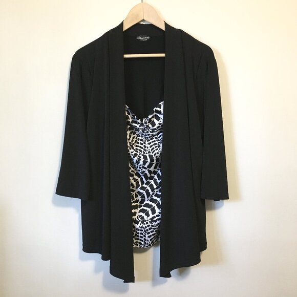 Mandee Black Open Waterfall Cardigan With Bow Tie Bust Animal Print Shirt 2in1 - Picture 1 of 16